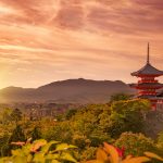 view of Kiyomizudera shrine and Kyoto city at sunset